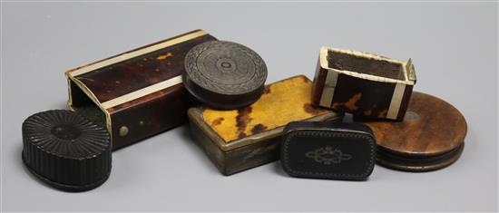 A group of 19th century horn, wood and papier mache snuff boxes and a tortoiseshell cigar case